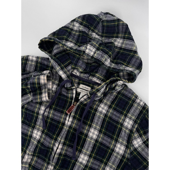 LL‎ Bean Flannel Zip Up Hoodie Mens XL LightWeight Relaxed Fit Green Plaid - Picture 2 of 13
